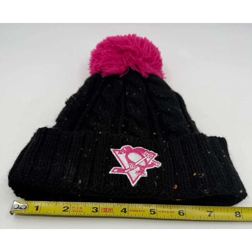 NHL Pittsburgh Penguins Girls Black Pink Cable Knit Pom Beanie Hat One Size Kid